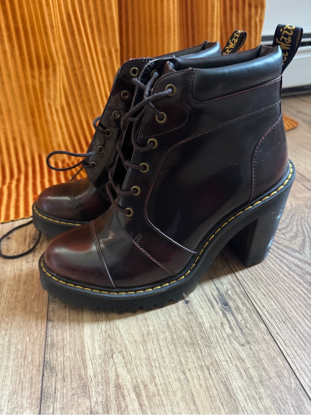 Dr. Martens Burgundy Lace-Up Block Heel Boots with Yellow Stitching